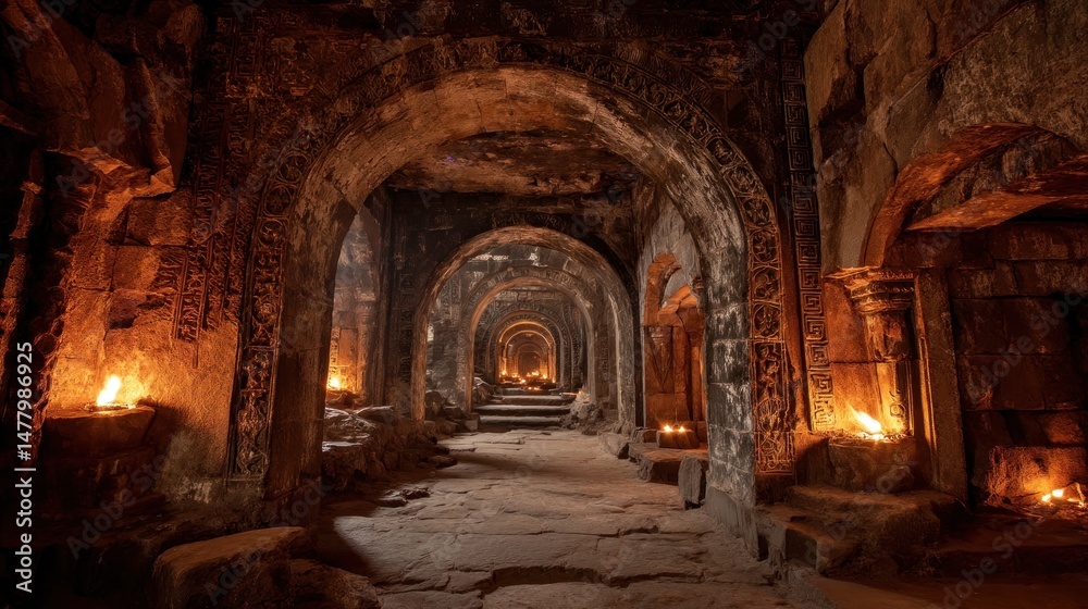 Fototapeta premium Ancient stone passageway with lit candles