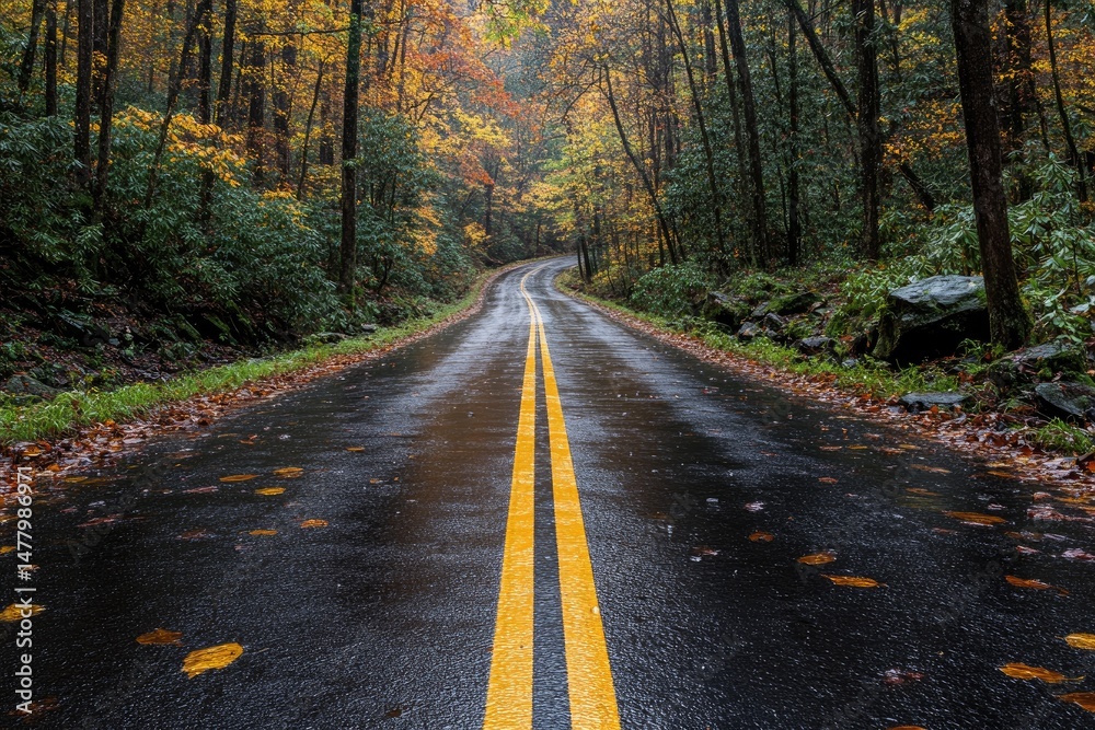 A winding wet road curves through autumn colored trees A winding wet road curves through autumn colored trees
