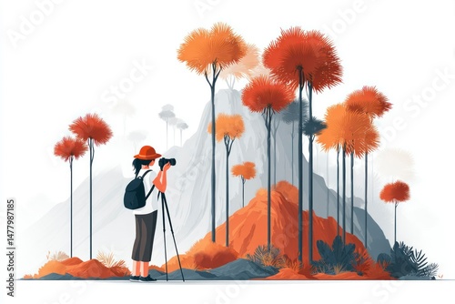 Photographer Capturing Natures Beauty with Unique Orange Trees and Mountain Landscape