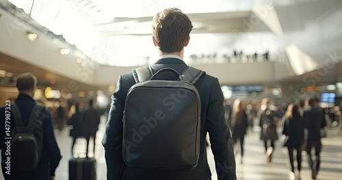 Businessman walking airport terminal.