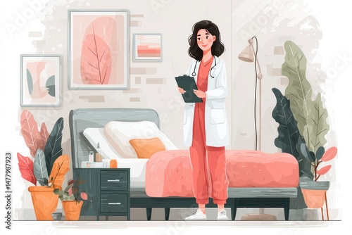 Medical Professional in a Cozy PlantFilled Hospital Room with Patient Bed and Clipboard for H