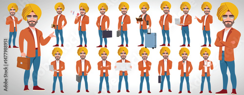 Man Character design. Front, side, back view and explainer animation poses. Character set with lip sync and facial expressions of Happy, angry, sad, Joy with Side walk cycle animation sequence sprite 