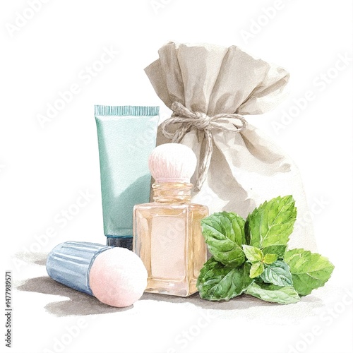 Watercolor Skincare Set with Mint Leaves and Pouch photo