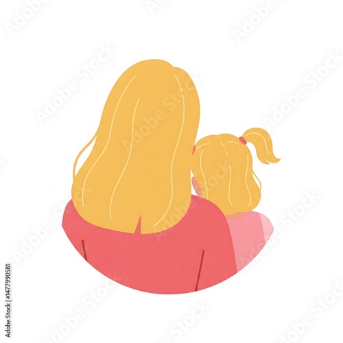 Backside view of Mom and daughter in a circle. Flat style vector illustration on white Background