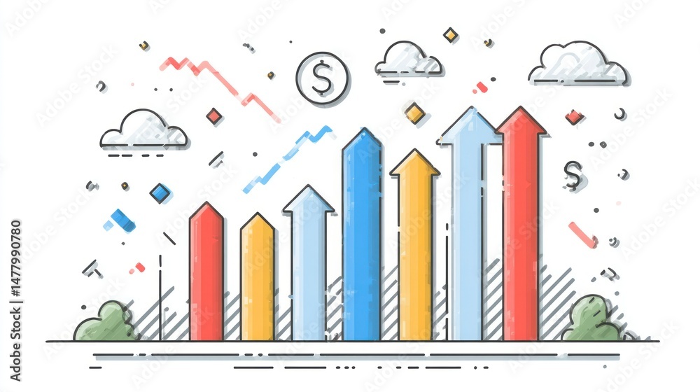 Obraz premium Upward Trends and Financial Growth A Colorful Illustration of Success Arrows Graphs and Doll