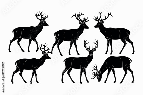 Elegant Black Silhouette Deer Vector Set