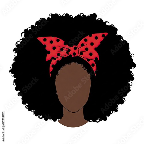 Fashionable faceless black woman with afro and bow, flat style vector illustration on white background.