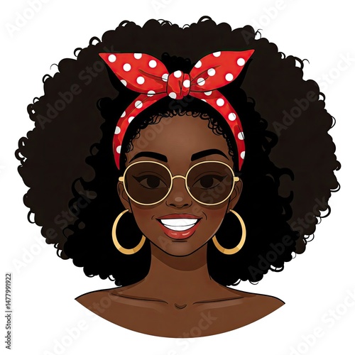 Fashionable faceless black woman with afro and bow, flat style vector illustration on white background.