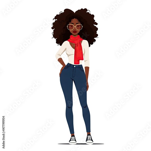 Fashionable faceless black woman with afro and bow, flat style vector illustration on white background.