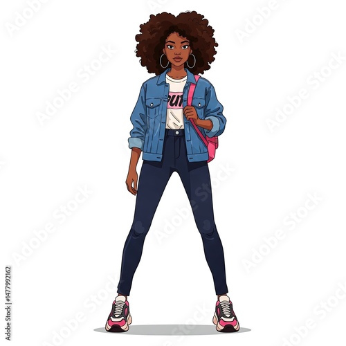 Stylish afro girl in denim jeans outfit with natural curls, flat style vector illustration on white background.