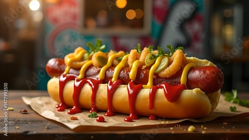 Delicious hot dog with mustard and ketchup