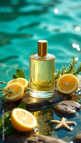 Lemon and rosemary scented perfume on rocks by calm water with sun reflections