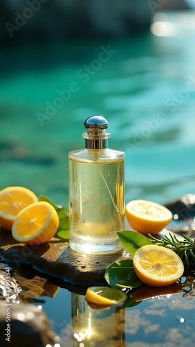 Lemon and rosemary scented perfume on rocks by calm water with sun reflections