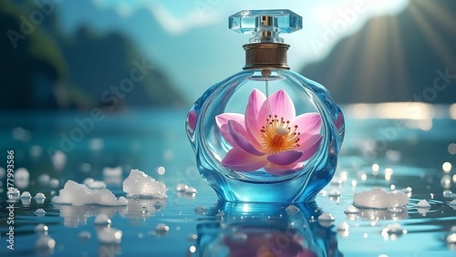 Elegant perfume bottle with lotus flowers submerged in water illuminated by soft light
