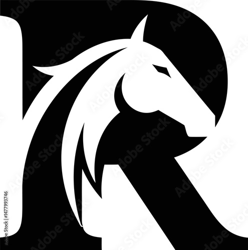 Horse Head Silhouette in Letter R Logo, Equestrian Initial R Icon - Black and White, Horse Racing or Stable Logo Design.eps