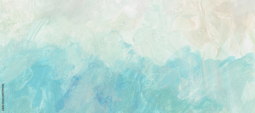 Fototapeta premium Art Watercolor, Acrylic hand drawn smear blot painting wall. Abstract texture neutral gray blue pastel color stain horizontal background.