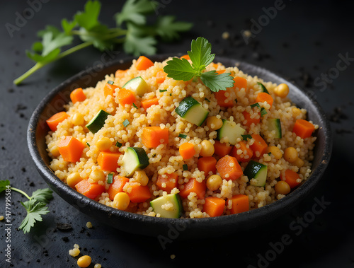 Assiette de couscous aux légumes isolé sur fond noir 