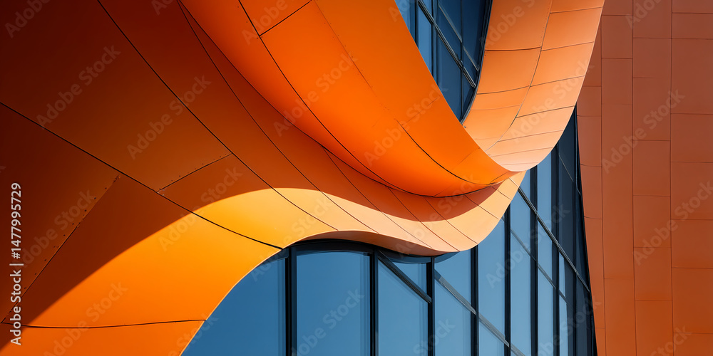 Fototapeta premium Abstract orange architectural detail showcasing curved metallic panels and glass windows, representing modern design, innovation, and urban aesthetics