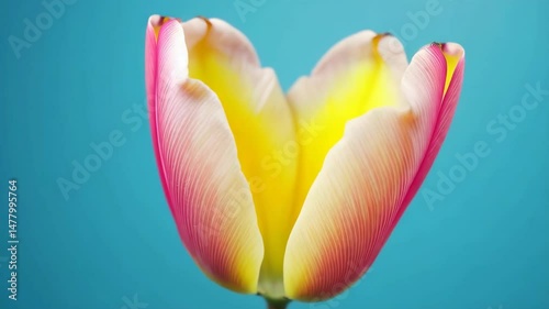 A pink tulip blooming against a bright blue background showcases the beauty of nature in full bloom.