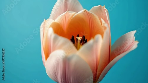 A pink tulip blooming against a bright blue background showcases the beauty of nature in full bloom.