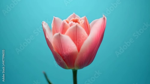 A pink tulip blooming against a bright blue background showcases the beauty of nature in full bloom.