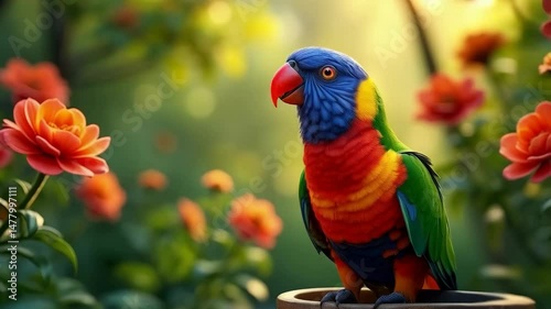 Colorful parrot perched on a decorative pot surrounded by vibrant flowers in a sunny garden