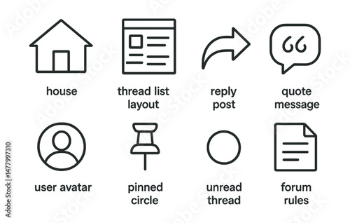 Line style icons of forum basics: forum homepage icon, thread list layout, reply post arrow, quote message bubble, user avatar circle, pinned topic badge, unread thread marker, forum rules file.