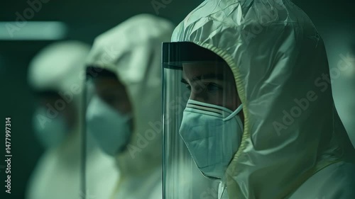 Men in protective suits in a chemical laboratory.