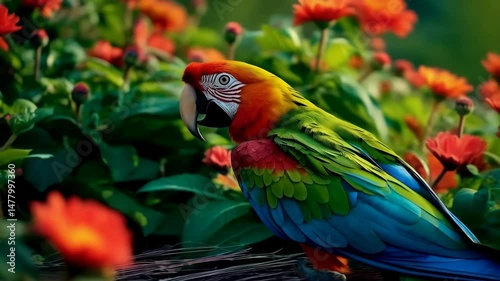 Colorful parrot perched on a decorative pot surrounded by vibrant flowers in a sunny garden