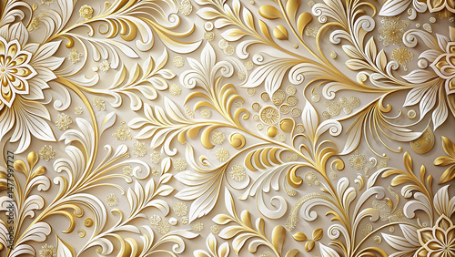 Elegant floral pattern in gold and white depicting luxurious and decorative ornamental design