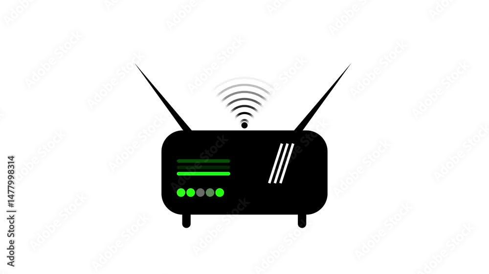 Animated illustration of a black wireless router with wifi signal and indicators
