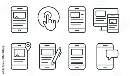 Line style icons of mobile-first blogging: mobile blog post icon, tap to read badge, scroll feed layout, responsive theme screen, blog on the go symbol, smartphone + pen icon, reading progress bar,