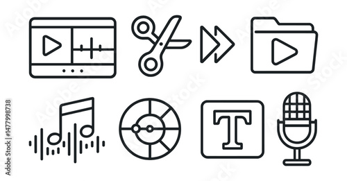 Line style icons of vlog editing tools: timeline edit screen, jump cut symbol, thumbnail preview tag, export video file, background music wave, color correction tool, text overlay box, voice-over mic