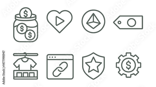 Line style icons of streamer monetization: donation jar icon, subscribe badge, bits currency symbol, sponsor logo tag, merch shelf icon, affiliate link page, exclusive tier badge, monetization