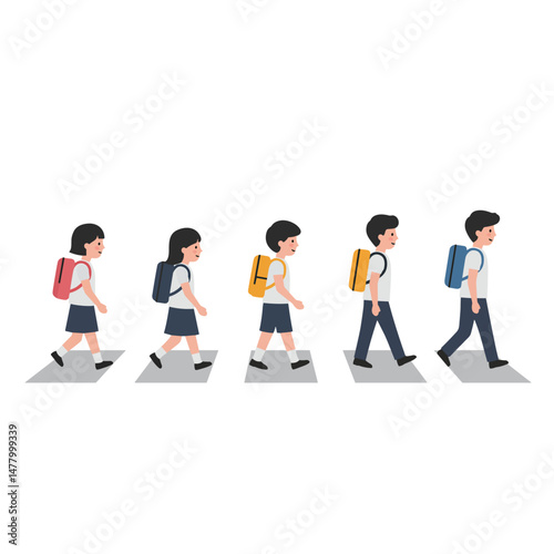 Schoolchildren in uniform crossing the street with backpacks  