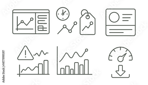 Line style icons of analytic dashboards: overview panel layout, real-time metrics screen, trend widget tag, summary KPI card, alert threshold icon, traffic chart widget, performance dial, report