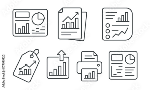 Line style icons of statistical reports: dashboard with graphs, report cover file, summary stats panel, trend analysis badge, findings highlight tag, export chart symbol, print data icon, visual