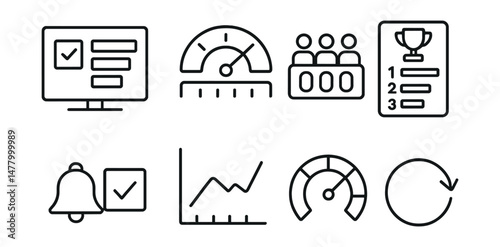 Line style icons of real-time surveys: instant poll result screen, live vote meter, real-time response counter, leaderboard icon, voting update alert, dynamic chart preview, session participation