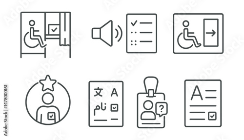 Line style icons of voting accessibility: wheelchair-accessible booth, audio ballot icon, braille ballot card, accessible entrance sign, voting assistance badge, multi-language ballot, help desk tag,