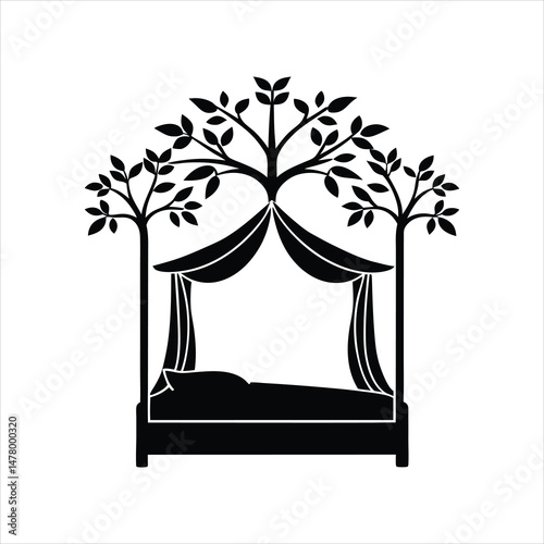 Canopy Bed with Tree Branch Silhouette Vector Art Illustration