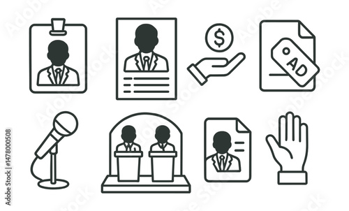 Line style icons of election candidates and campaigns: candidate portrait badge, political platform sheet, campaign donation icon, public speech mic, debate stage symbol, campaign ad tag, press