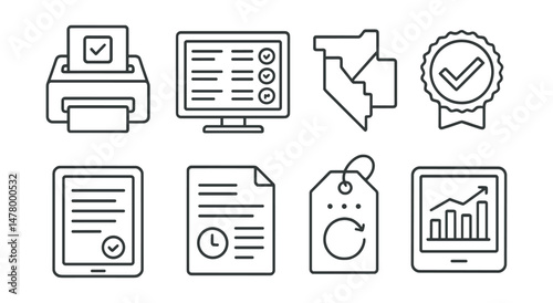 Line style icons of vote tabulation and results: ballot scan icon, vote tally dashboard, regional result map, verified count stamp, digital reporting screen, audit log file, recount request tag,