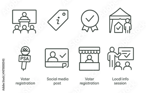 Line style icons of voter outreach programs: town hall event icon, info flyer tag, door-to-door campaign badge, community info tent, media PSA microphone, social media post icon, voter registration