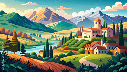 This captivating landscape, full of texture and tranquility, is a perfect muse for vector illustration—capturing the soul of northern Italy where nature, culture, and serenity meet in perfect balance.