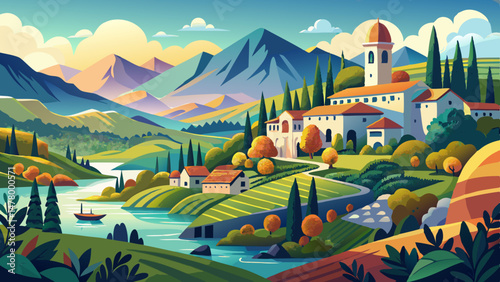 This captivating landscape, full of texture and tranquility, is a perfect muse for vector illustration—capturing the soul of northern Italy where nature, culture, and serenity meet in perfect balance.