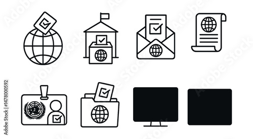 Line style icons of international elections: globe with ballot tag, embassy polling booth icon, overseas voter mail, UN election observer badge, expat voter file, cross-border results screen, foreign