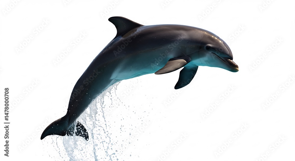 Fototapeta premium 優雅に水面を跳躍するイルカ 白い背景で輝く水しぶき. AI Generated