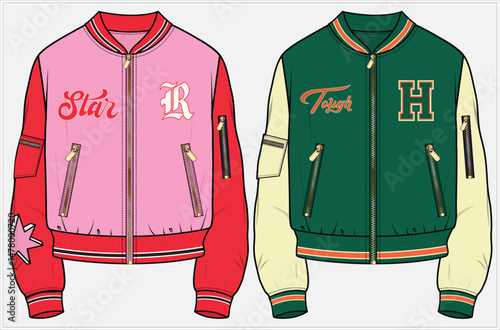 VARSITY BOMBER JACKET WITH WELT POCKET VARSITY TYPO AND BADGES DETAIL DESIGNED FOR WOMEN, MEN, YOUNG WOMEN, YOUNG MEN, TEEN BOYS, TEEN GIRLS AND UNISEX IN VECTOR ILLUSTRATION FILE