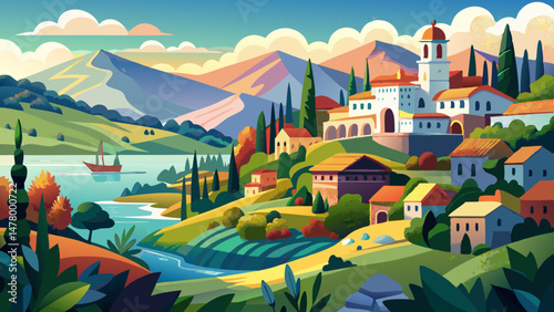 This captivating landscape, full of texture and tranquility, is a perfect muse for vector illustration—capturing the soul of northern Italy where nature, culture, and serenity meet in perfect balance.