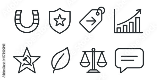 Line style icons of political ideologies: liberal spectrum icon, conservative badge, progressive tag, libertarian chart, socialist symbol, green politics leaf, centrist balance scale, populist speech